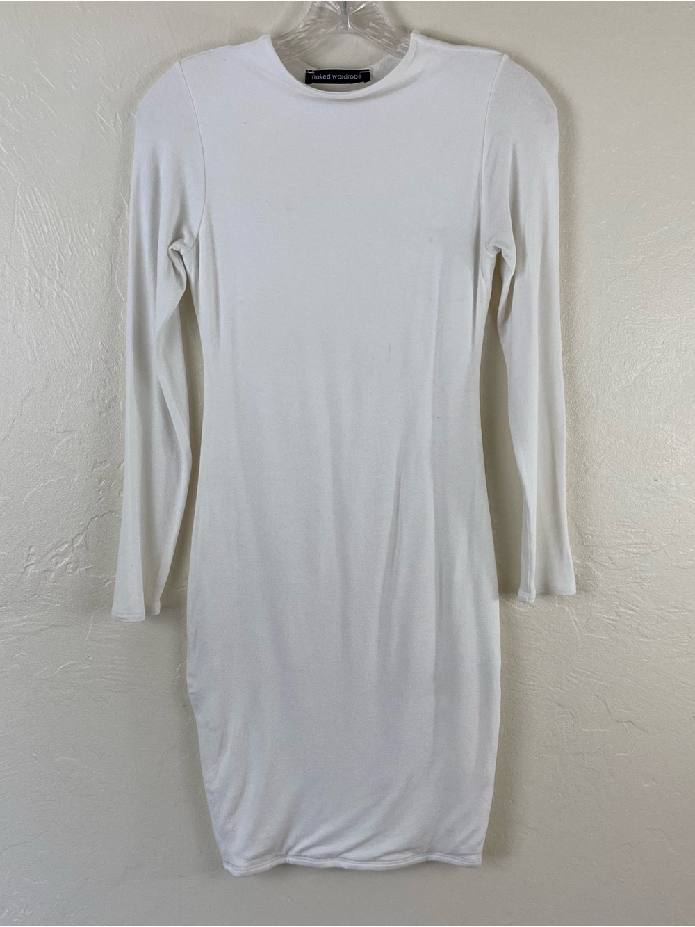 Naked Wardrobe Size Small Cream White High Neck Full Sleeve Body-con Mini Dress